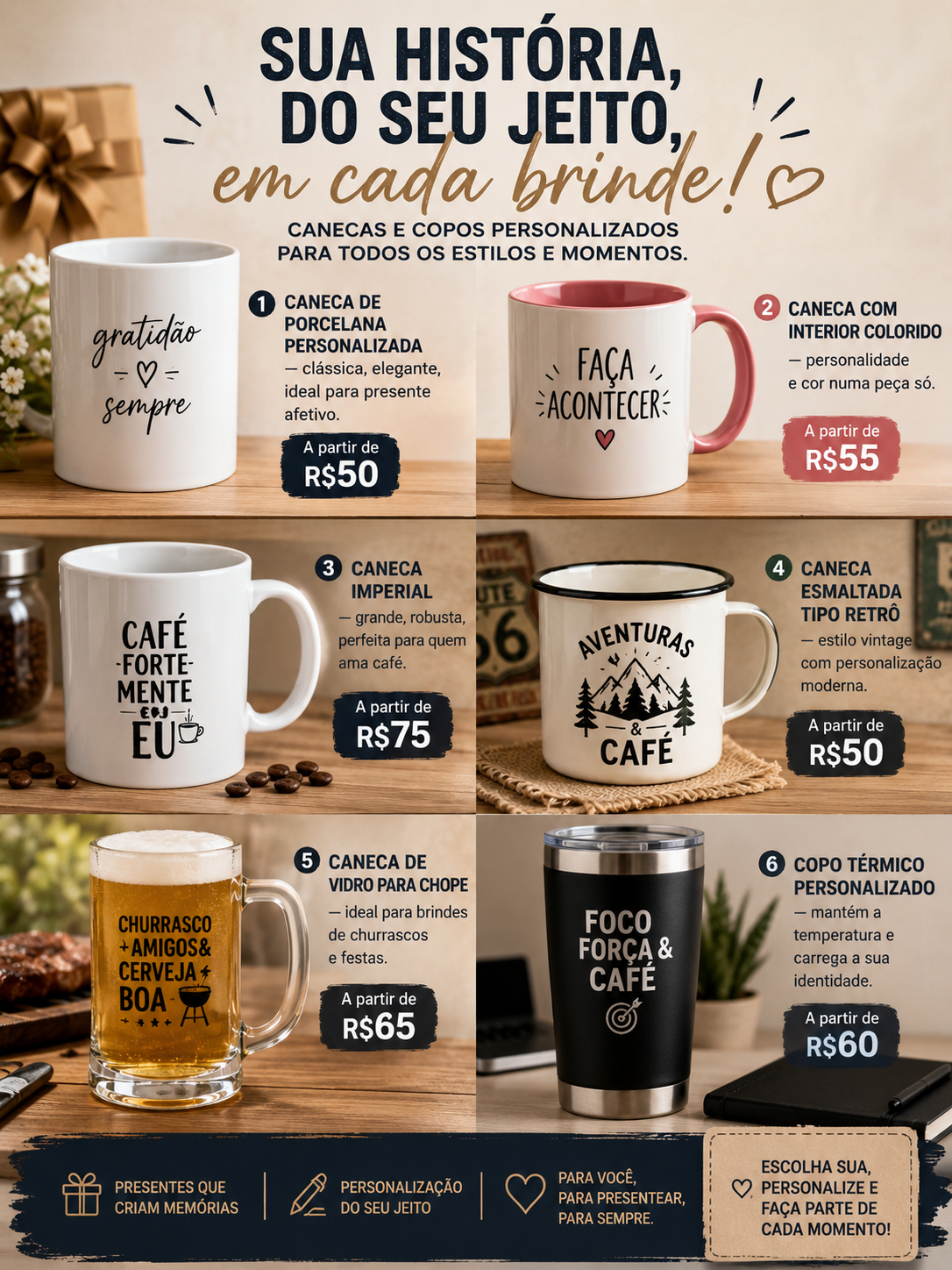 Cartaz promocional com seis canecas e copo térmico personalizados, preços e frases sobre presentes.